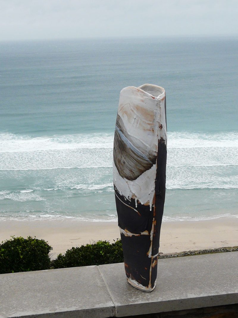 One of Tony Lattimer's works photographed overlooking the sea above Sennen, Cornwall