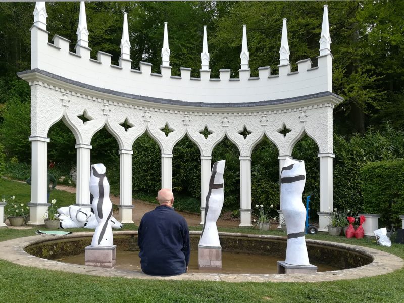 Installing the work in front of the Xedra, Rococo Garden, Painswick Spring 2019
