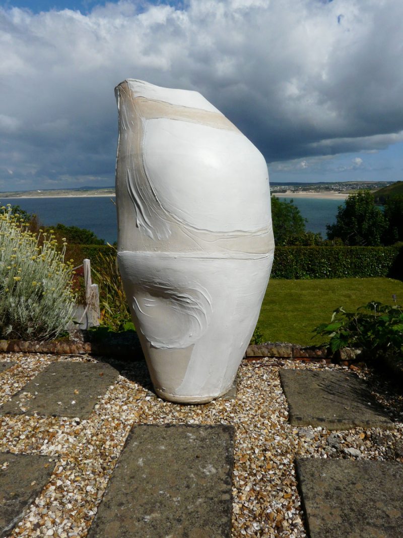 Ceramic sculpture by Tony Lattimer, photographed in a garden in West Cornwall